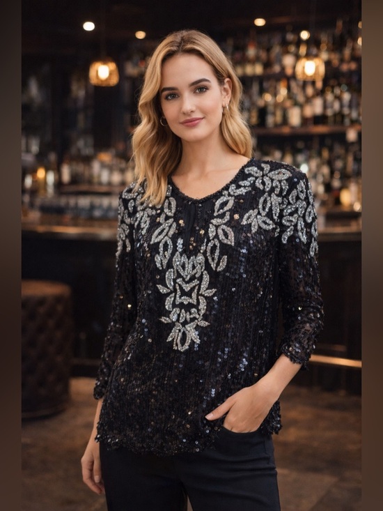 Petite Illustrations Tops - Vintage 80s Silk Beaded Sequin Top Petite Illustrations Black Silver Blouse PM